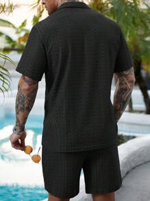 Manfinity RSRT 2 Pcs/Set Men's Solid Color Button-Down Hollow Shirt And Shorts Set, Vacation Solid Color Husband Casual Wear, Suitable For Vacation, Seaside Beach, Daily Leisure,Summer Wear Sets For Men Men Shirt Co Ords Men Outfits 2 Pieces, Cozy Outfits