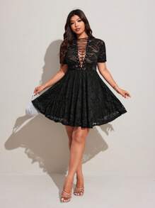 Viva Relle Valentine Lace-Up Deep V Sheer A-Line Sexy Women Dress - Black - View 3