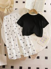 SHEIN 2pcs/Set Young Girl Bow Decor Short Sleeve T-Shirt And Pants, Casual Outfit - Multicolor - View 2