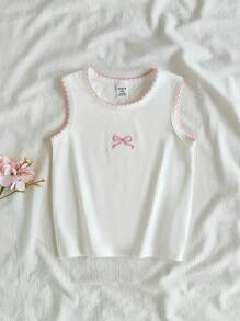 Vintaside Kids Parte superior de tirantes con cuello redondo y bordado de lazo para bebé niña, apta para ocio en casa, deportes, fiestas y otras ocasiones - Blanco - Ver 3