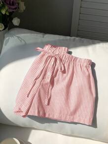 Comfortcana Quần short vải lanh sọc thường ngày cho nữ, mùa hè - Màu Hồng baby - Xem 6