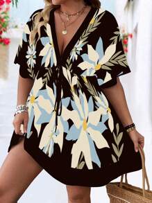 Breezaya Vestido de verano casual con cuello en V, cintura ceñida y mangas, con estampado floral vintage