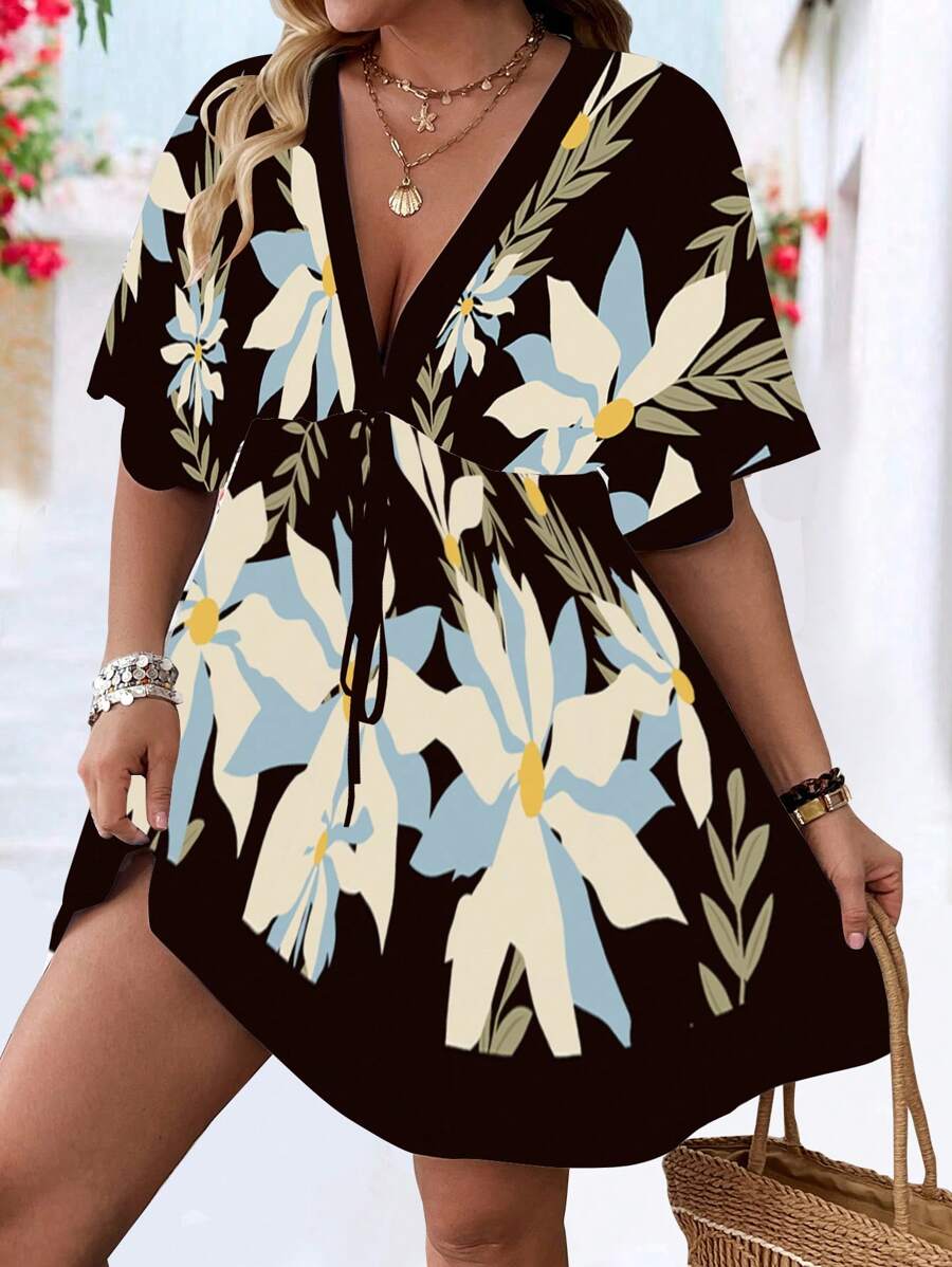 Breezaya Vestido de verano casual con cuello en V, cintura ceñida y mangas, con estampado floral vintage