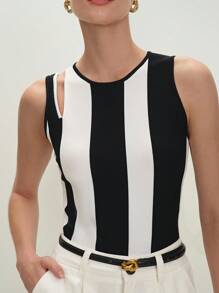 BizChic 2025夏季新款独立日音乐节派对优雅百搭婚宴早午餐都市时尚通勤日常休闲春夏新款高端优雅黑白条纹镂空无袖针织上衣 - 黑與白 - 查看 5