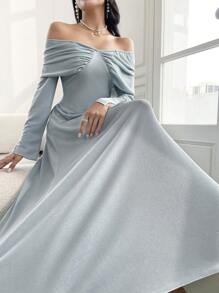 Modelyn Elegantes, schlichtes langärmliges Maxikleid mit Schulterausschnitt für Damen Einfarbig - Blau - Übersicht 1