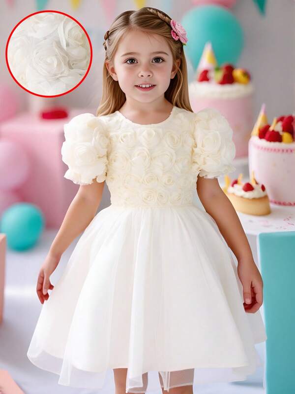 Young Girl' Solid Color Mesh Rose Puff Sleeve Elegant Summer Dress With Belt