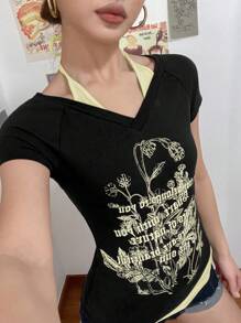 SHEIN EZwear Summer Graphic Tees Western Wear Women Black And Yellow Splicing - Black - View 7