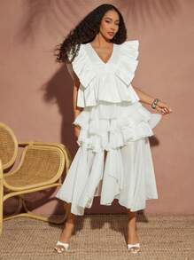 Vixey Solid Chiffon Layered Ruffle Midi Skirt With Biker Shorts, Boho, Festival, Spring, Summer, Island Vacations, Vacation - White - View 1