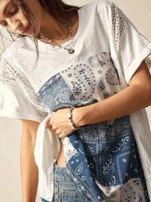 Bohemela Plus Size Women Summer Casual Vacation Patched Paisley Print Lace Patchwork Loose T-Shirt - Multicolor - View 8