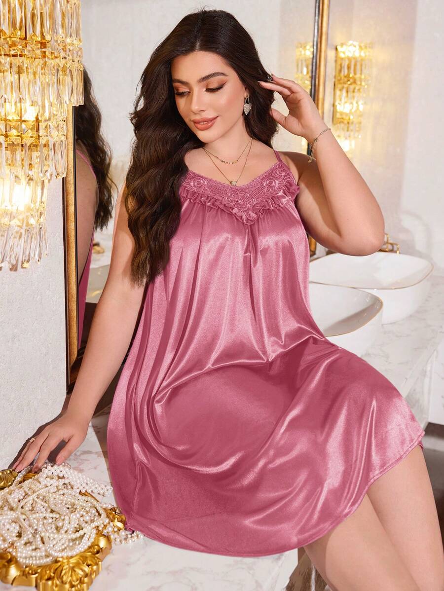 MuseNap CURVE 大码女式荷叶边吊带睡袍 - 粉色 - 查看 1