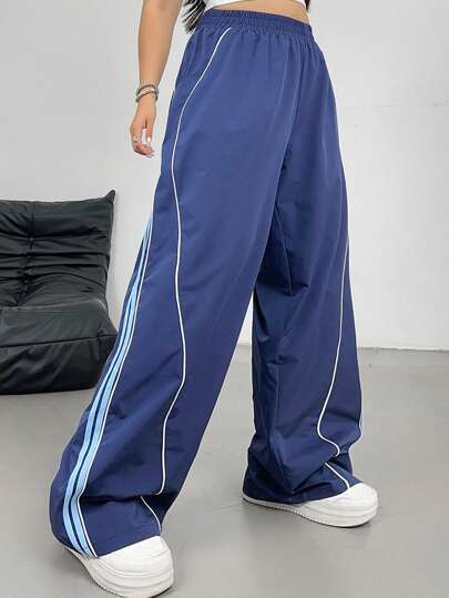 SHEIN Tall Plus Size Sports Striped Casual Straight Leg Pants