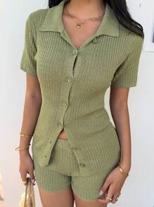 SHEIN EZwear Set de 2 bucăți de tricot cu mâneci scurte și pantaloni scurți, ocazional, pentru femei