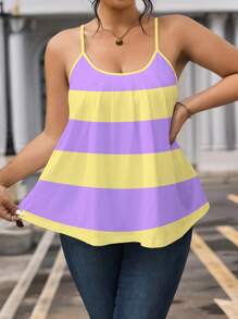 Calvaya Camiseta gráfica casual de verano/primavera con bloque de color y empalmado para mujer de talla grande y top de tirantes - Multicolor - Ver 4