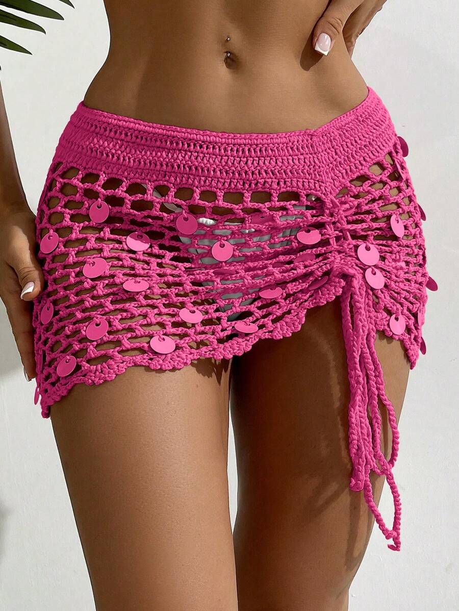 SHEIN Swim Conjunto de falda y cubre de punto transparente sexy, para vacaciones en la playa - Rosa Fucsia - Ver 1