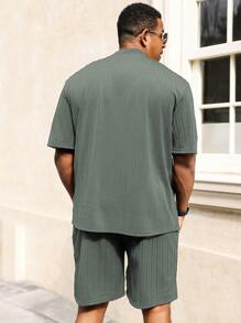 Manfinity Homme Plus Size Men's Solid Color Short Sleeve T-Shirt & Shorts Set, Fashionable For Summer - Green - View 2