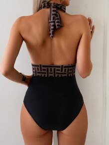 Swim Lushoire Women's Vacation Geometric Print Plunging Neck One-Piece Swimsuit For Summer