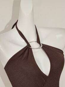 SHEIN ICON 女士纯色环状镂空性感短款露背背心 - 棕色 - 查看 4