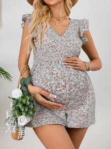 SHEIN Pregnant Women's Ditsy Floral Tie Back Ruffle Hem Rompers - Green - View 4