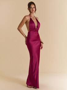 SHEIN BAE Solid Burgundy Sexy Deep V-Neck Pleated Long Satin Women's Dress, Suitable For Banquet, Wedding Bridesmaid Dress, Elegant Dress - Burgundy - View 6