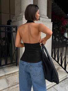 Siren Gaze Áo không tay cổ yếm khoét sâu thắt nơ cho nữ, áo vest thường ngày xẻ hở - màu đen - Xem 2