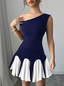 Firerie Váy ren bất đối xứng thanh lịch cho nữ màu tương phản, thích hợp cho ngày lễ tình nhân - Màu xanh hải quân - Xem 6