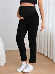 SHEIN Pregnant Women's Casual Versatile Solid Color Tapered Straight Leg Jeans Maternity Black Denim Pants - Black - View 4