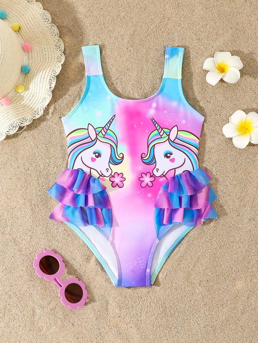 SHEIN 少女渐变独角兽印花荷叶边连体泳衣,夏季 - 彩色 - 查看 1