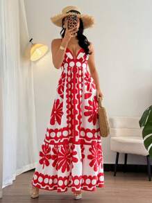 Chiquease Vestito elegante a scollatura profonda a V con stampa floreale per donna