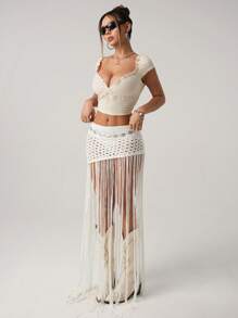 SHEIN ICON Y2k 夏季夏威夷海滩外出波西米亚风透明性感演唱会钩针毛衣西部流苏下摆女式夏日假期镂空针织流苏下摆毛衣裙 - 白色 - 查看 6
