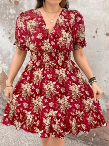 SHEIN Holidaya Plus Size Women Black Background Floral Print Short Sleeve Vacation Dress - Multicolor - View 4
