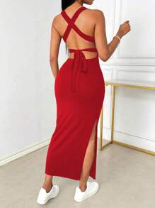 INAWLY Vestido ajustado y sexy con cuello bajo, espalda descubierta, tirantes cruzados y abertura - Rojo - Ver 4