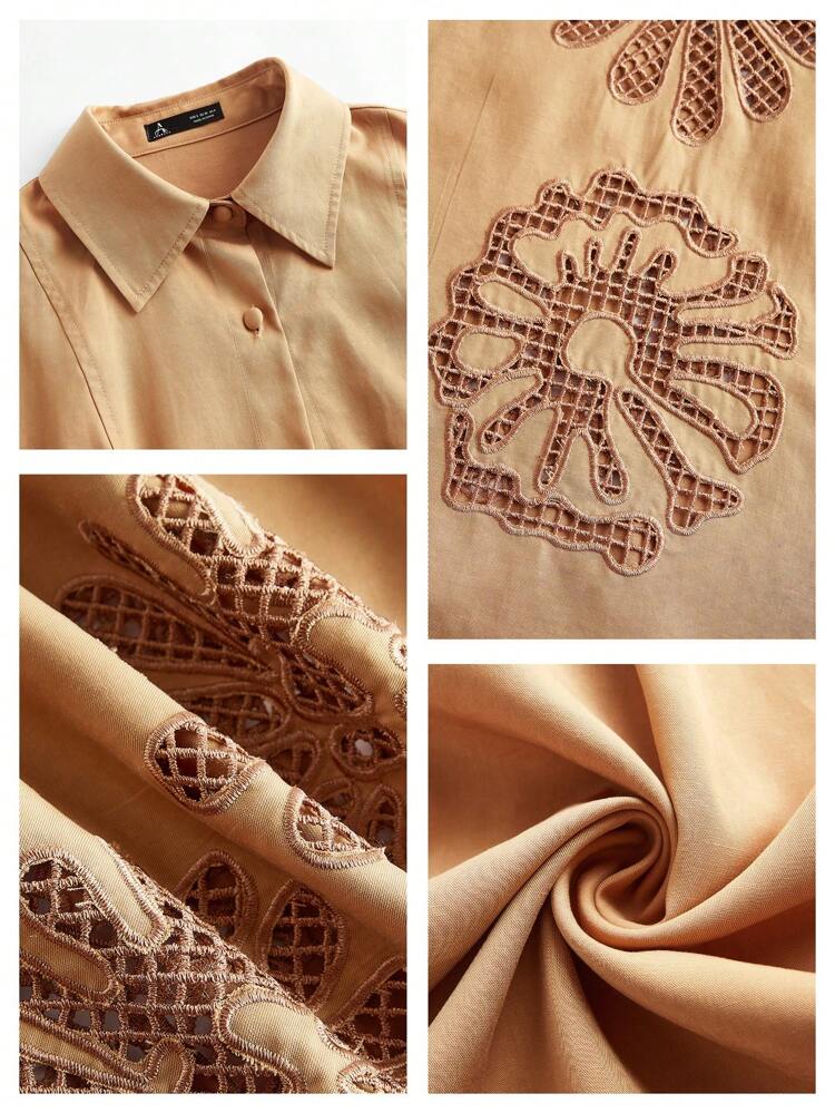 Elegant Business Casual Collared Dress, Embroidery Detail, Fashionable Style For Women