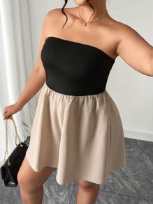 Elenzga Elegant Summer Vacation Sleeveless Strapless Romper In Black & Khaki, Plus Size