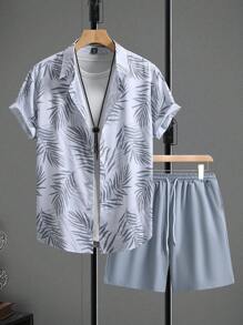 Manfinity RSRT 男士夏威夷衬衫和短裤两件套，夏季时尚 - 淺灰色 - 查看 3