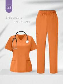 TaskEZ Set de uniforme de scrubs de unicolor con top de manga corta y pantalones - Naranja - Ver 1