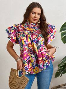 SHEIN LUNE Plus Size Ruffle Trim Casual Tops, Valentine Day Vacation Summer Going Out Tops,Business Casual,Cute Blouses,Office Beach Holiday - Multicolor - View 6