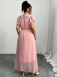 Elenzga Váy dài tay màu hồng nhạt thanh lịch bằng vải chiffon dệt kim cỡ lớn cho nữ mùa xuân/hè - Bụi hồng - Xem 2