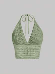 SHEIN MOD Neck Tie Waist Soft Beach Music Festival Women Knit Top,Halter Tops - Olive Green - View 2