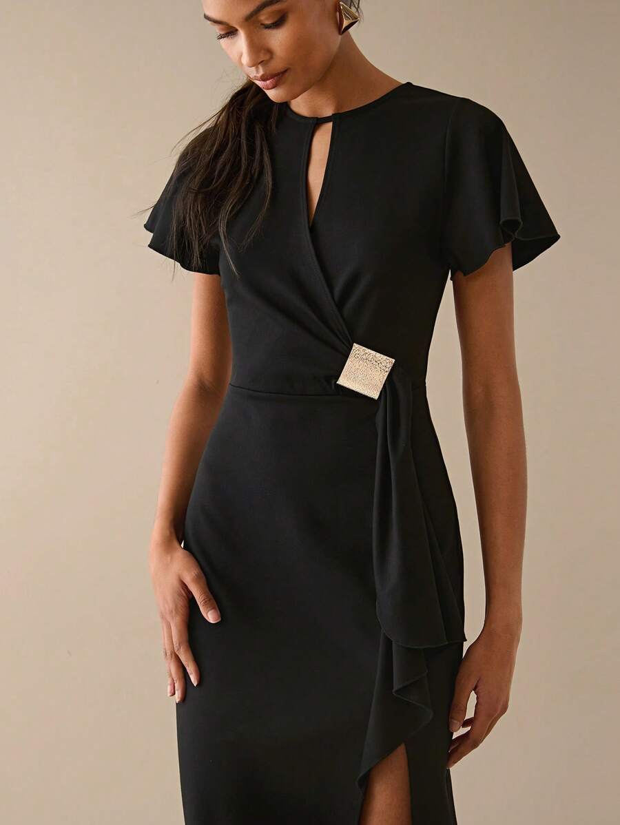 Lilora 女士夏季优雅纯色裹身开衩下摆连衣裙