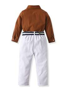 SHEIN 2pcs/Set Young Boy Embroidery Long Sleeve Shirt And Pants Gentleman Suit Chic Outfits For Autumn/Winter - Brown - View 2