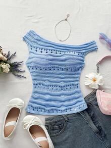 Soleia Women's Ivory Shoulder Cut-Out Fitted Knitted Top, Suitable For Party, Fashion Casual, Dating, Valentine's Day, Afternoon Tea Blue Knit Top Summer Knit Top Women Summer Top Light Blue Summer Top Cute Summer Top