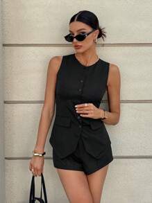 Siren Gaze 2pcs/Set Sleeveless Vest & Super Short Shorts Set For Women, Commuting, Spring/Summer Women Sets Outfit Women Work Outfits Black - Black - View 3