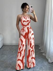 SHEIN Tall 女式花卉印花束腰优雅日常度假休闲连体裤，无袖 - 紅色 - 查看 4