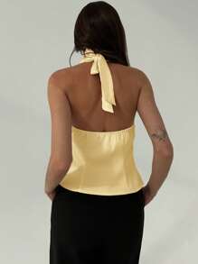 Aloruh 简约办公室领结低胸垂坠修身杏色缎面女士背心 - 黃色 - 查看 2
