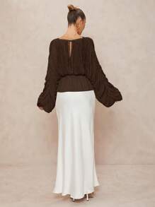 Lumalex 女式宽松深V领超大荷叶边下摆衬衫 - 巧克力棕 - 查看 2