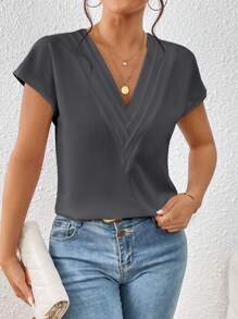 SHEIN Privé Camisa de manga corta, unicolor simple, de moda para el verano - Gris - Ver 3