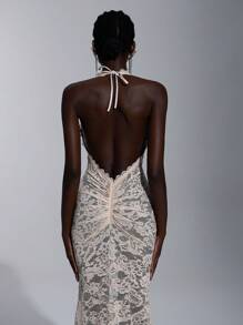 Elitara 优雅杏色纯色蕾丝吊带性感透明美人鱼露背长礼服，适合约会、海滩度假、毕业典礼、婚礼、正式场合、派对礼服、晚会、婚礼宾客 - 杏色 - 查看 8