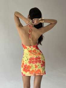 Aloruh Women's Beach Floral Print Ring Decor Halter Backless Mini Dress - Multicolor - View 1