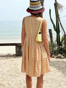 Jouncy Women V-Neck Sleeveless Plaid Dress, Suitable For Summer Casual Vacation - Multicolor - View 2