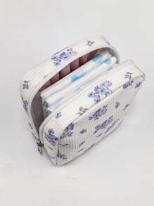 Mari Primo studio Bolsa de almacenamiento de toallas sanitarias y estuche de cosméticos con estampado floral diminuto púrpura para chicas adolescentes, ideal para verano